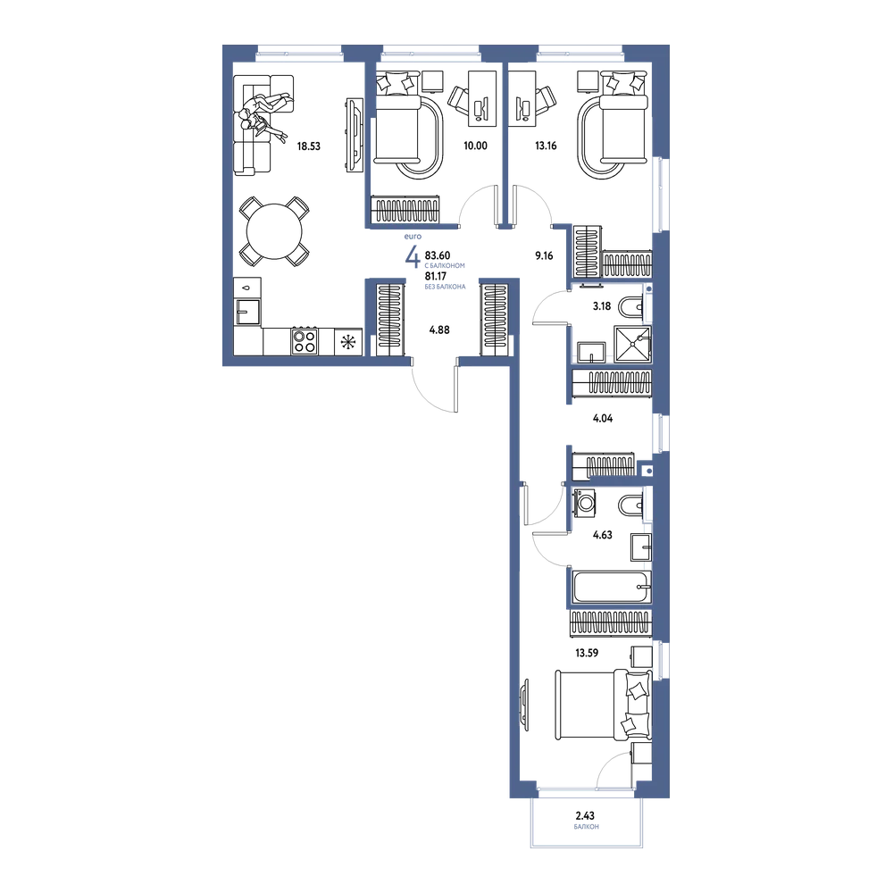 Планировка: Евро-4 83,6 м²