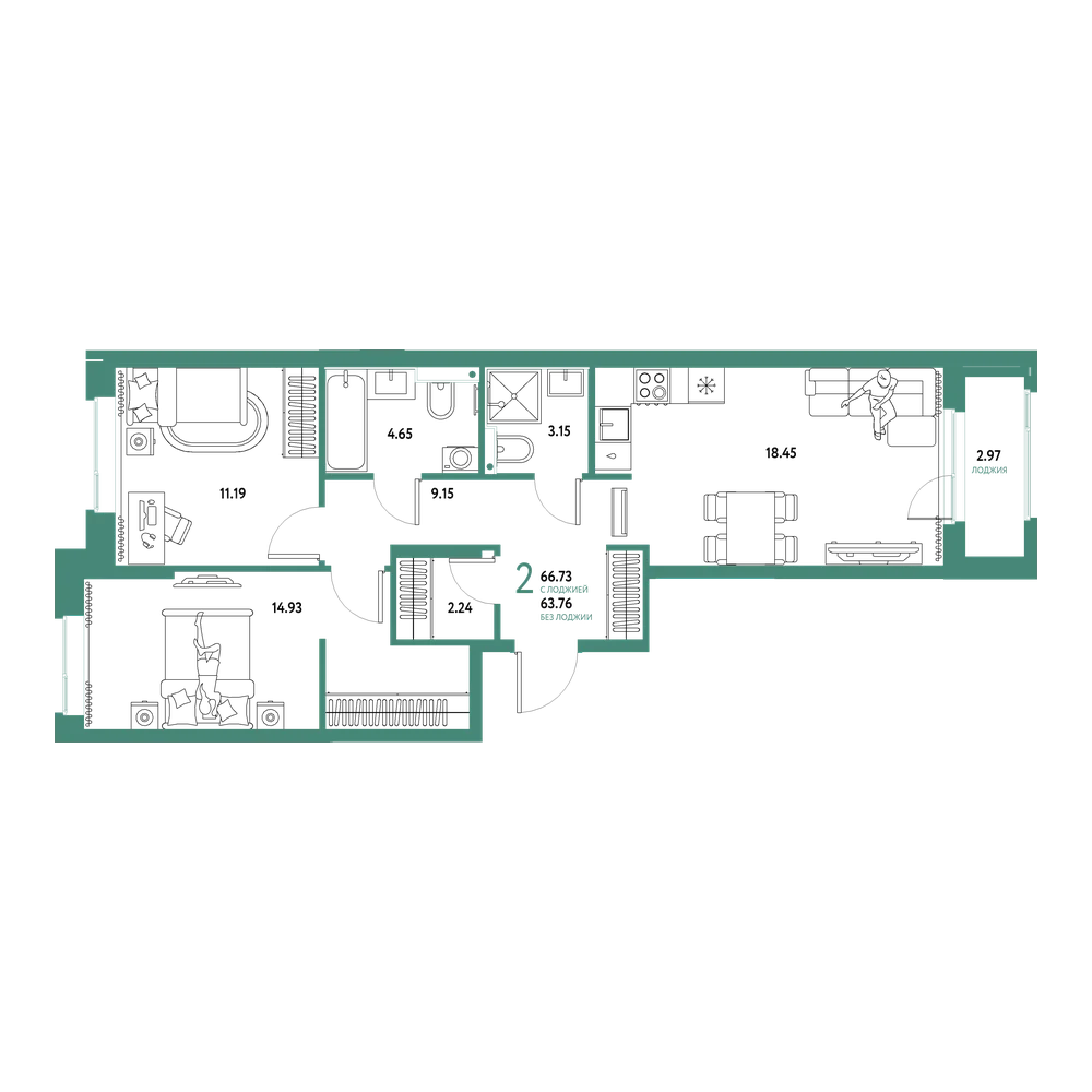 Планировка: 2-комнатная 66,73 м²