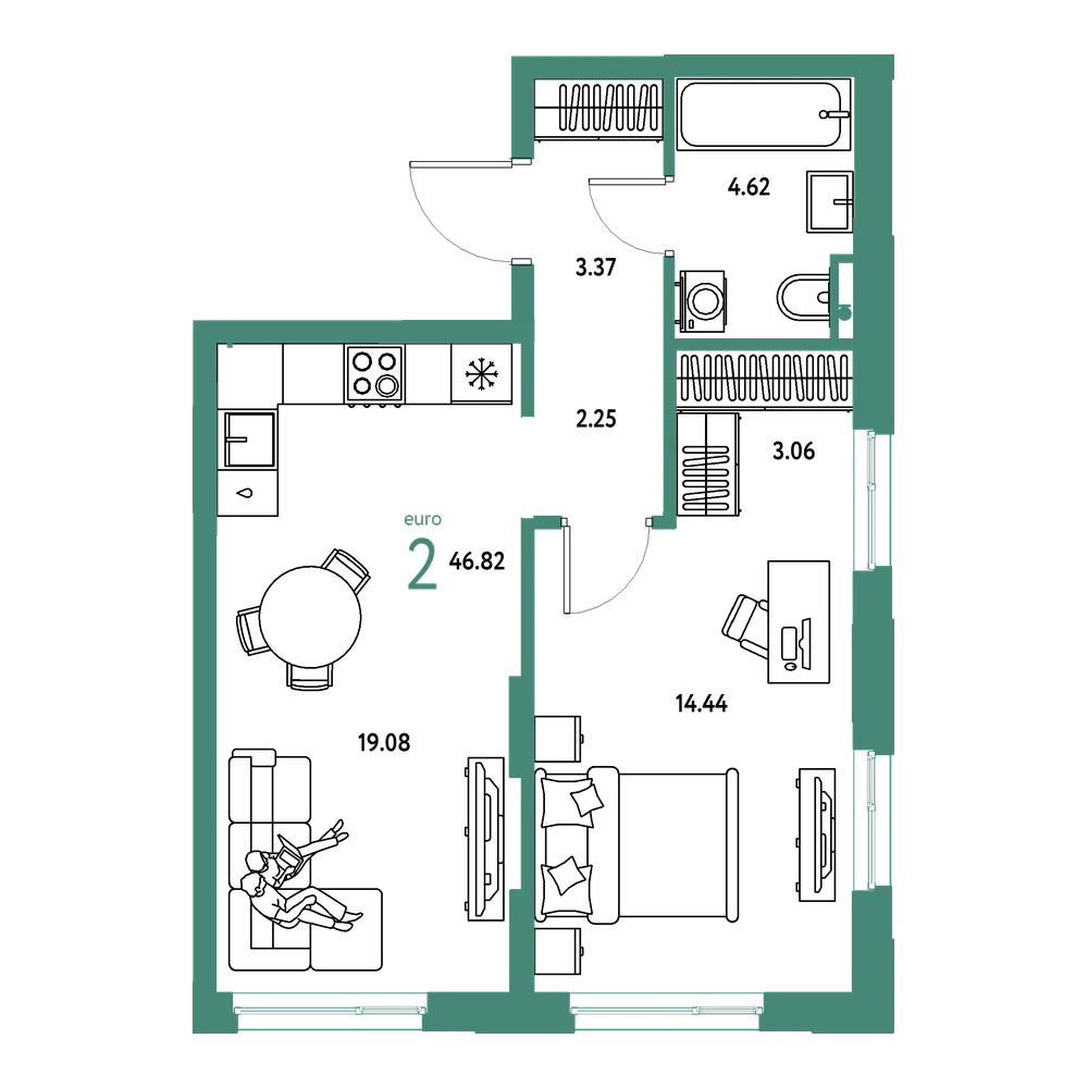 Планировка: Евродвушка 46,82 м²