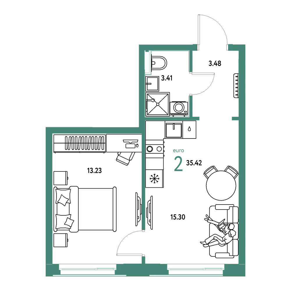 Планировка: Евродвушка 35,42 м²