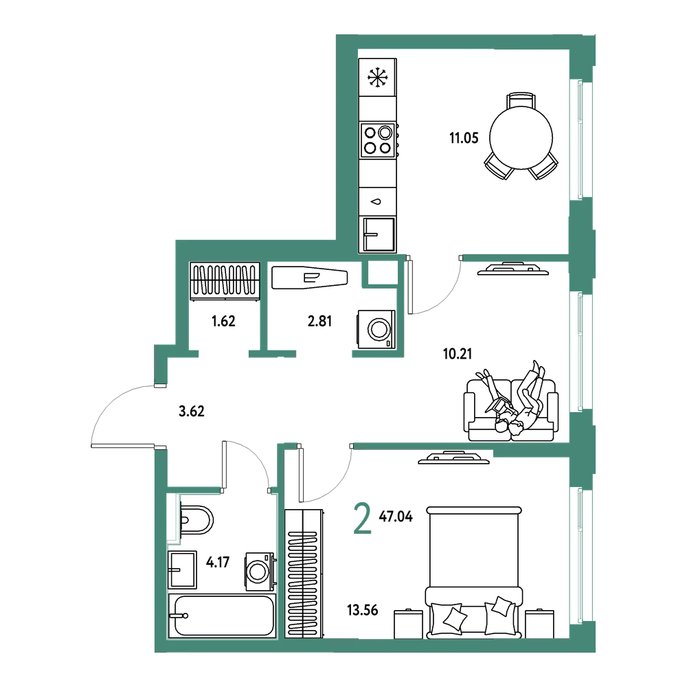 Планировка: 2-комнатная 47,04 м²