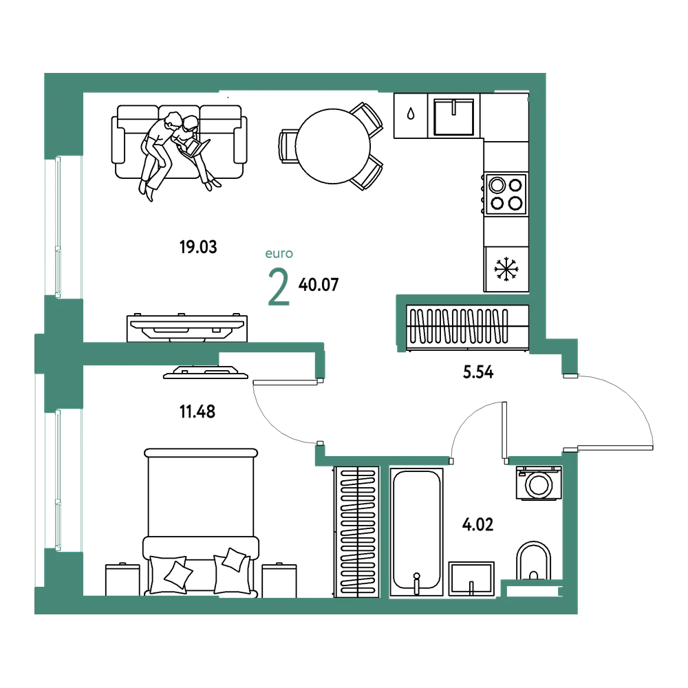 Планировка: Евродвушка 40,07 м²