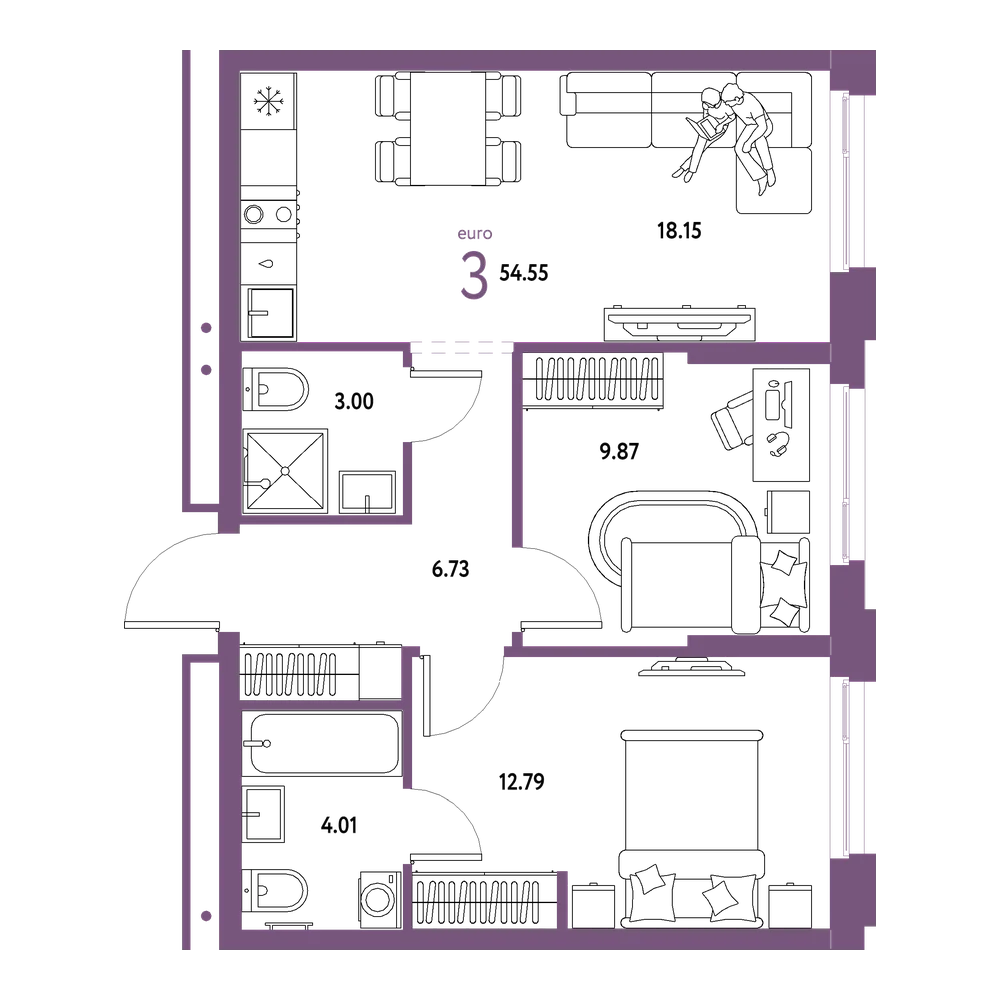 Планировка: Евротрёшка 54,55 м²