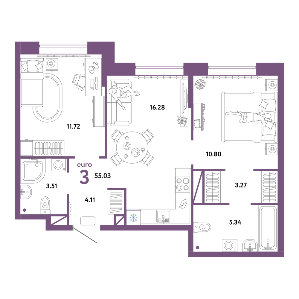 Планировка: Евротрёшка 55,03 м²