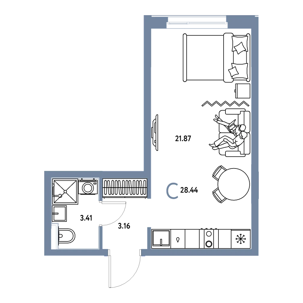 Планировка: Студия 28,44 м²