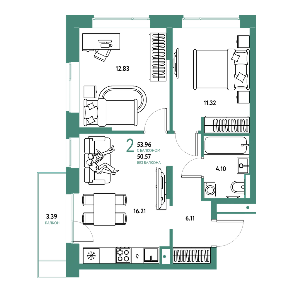 Планировка: 2-комнатная 53,96 м²