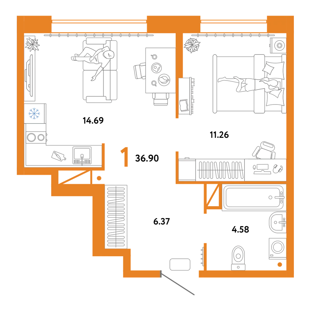 Планировка: 1-комнатная 36,9 м²
