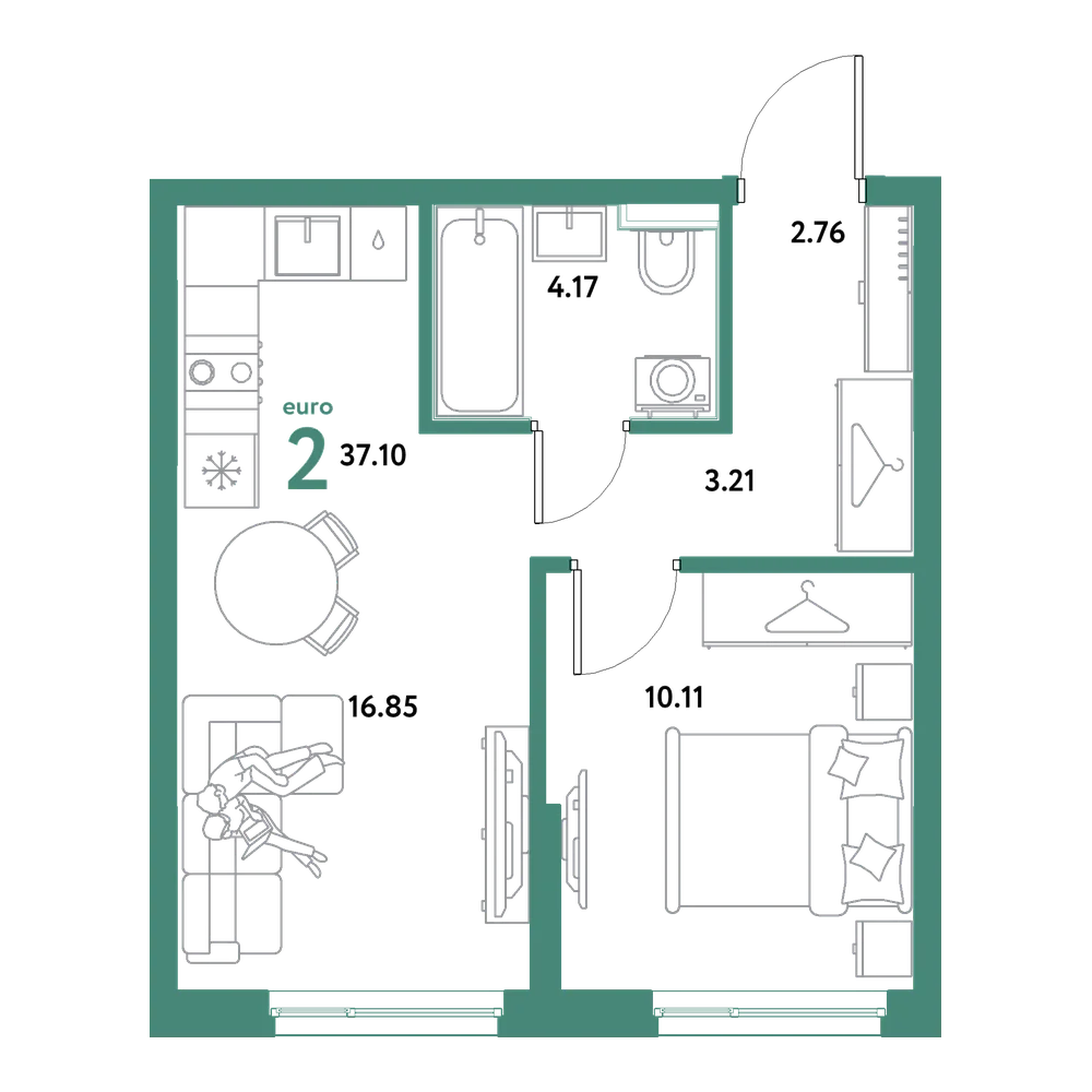 Планировка: Евродвушка 37,1 м²