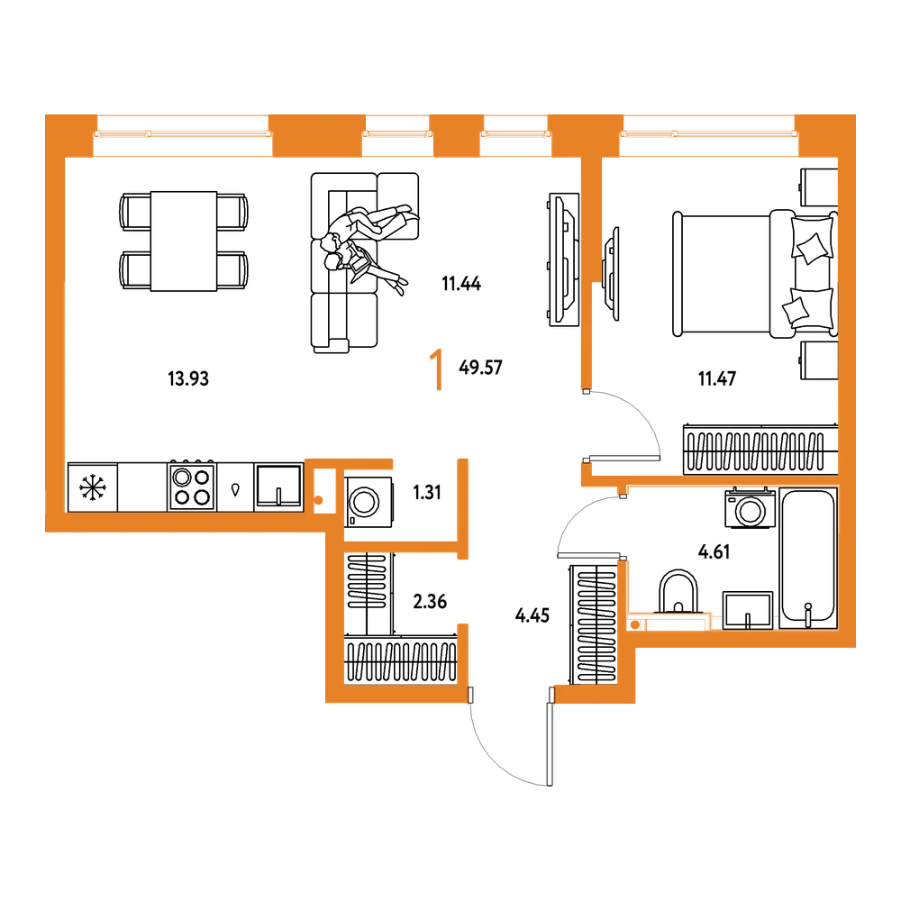 Планировка: 1-комнатная 49,57 м²