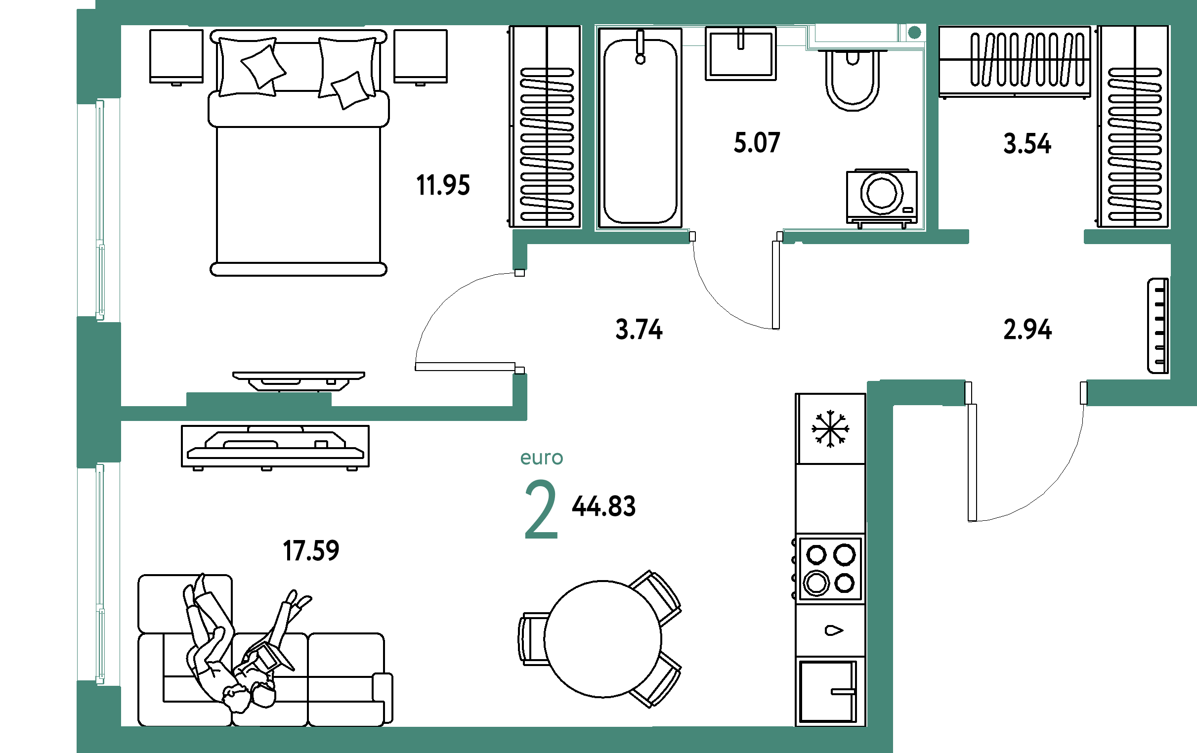 Планировка: Евродвушка 44,83 м² в ЖК «Сердце Сибири»