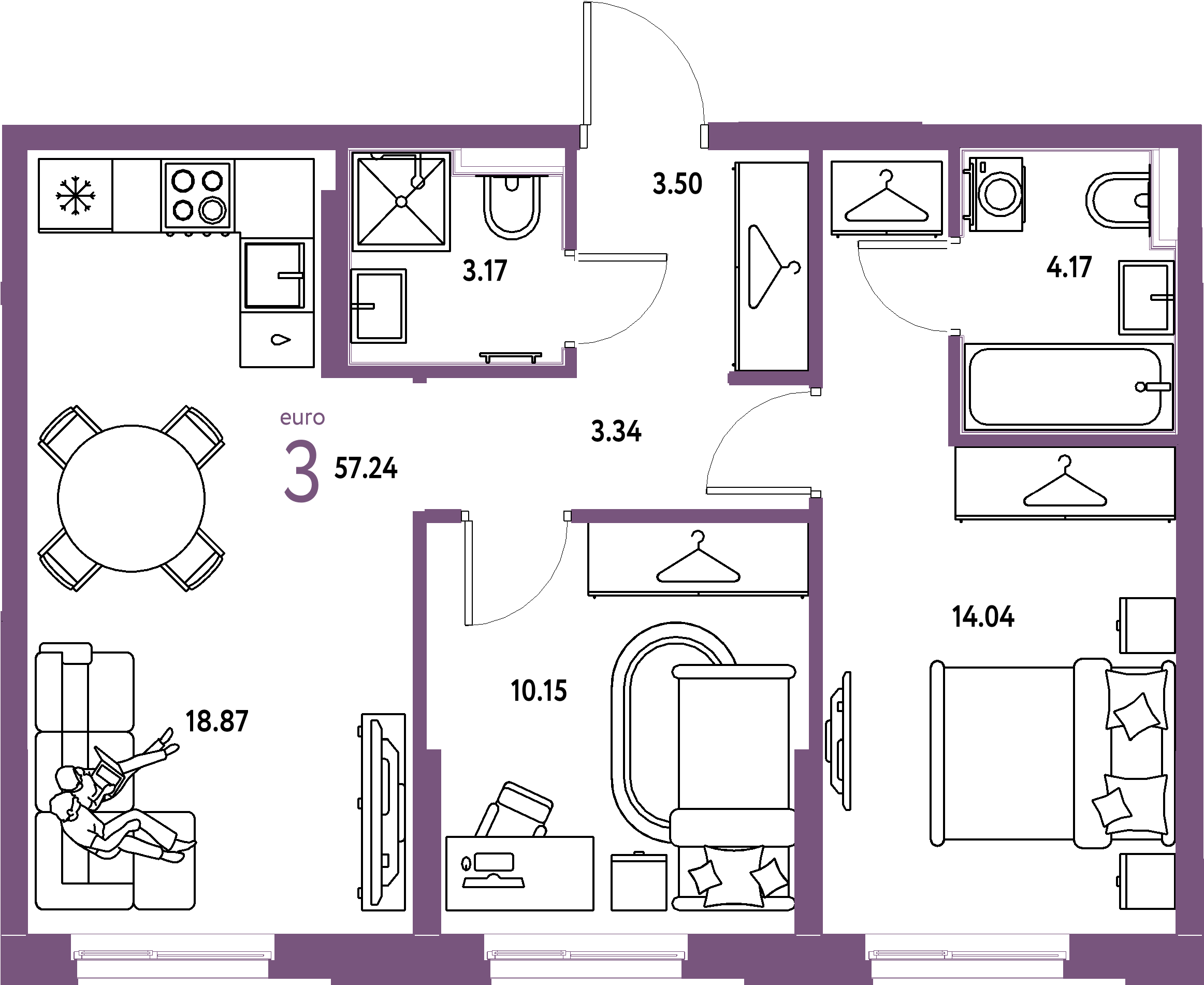 Планировка: Евротрёшка 57,24 м² в ЖК «Европейский берег 2.0»