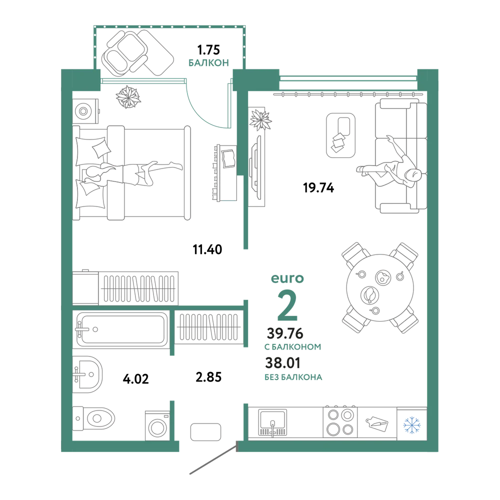 Планировка: Евродвушка 39,14 м²