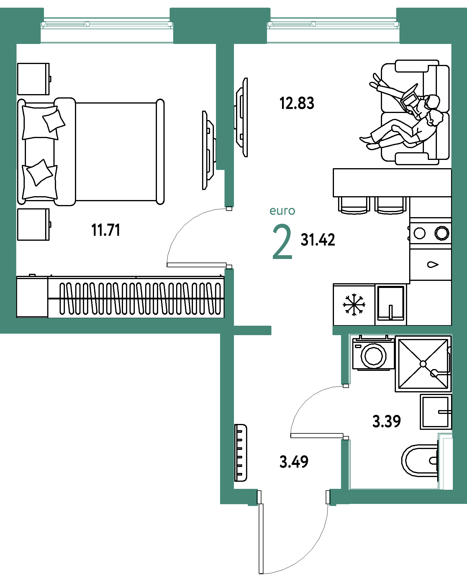 Планировка: Евродвушка 31,42 м² в ЖК «Остров-сад»