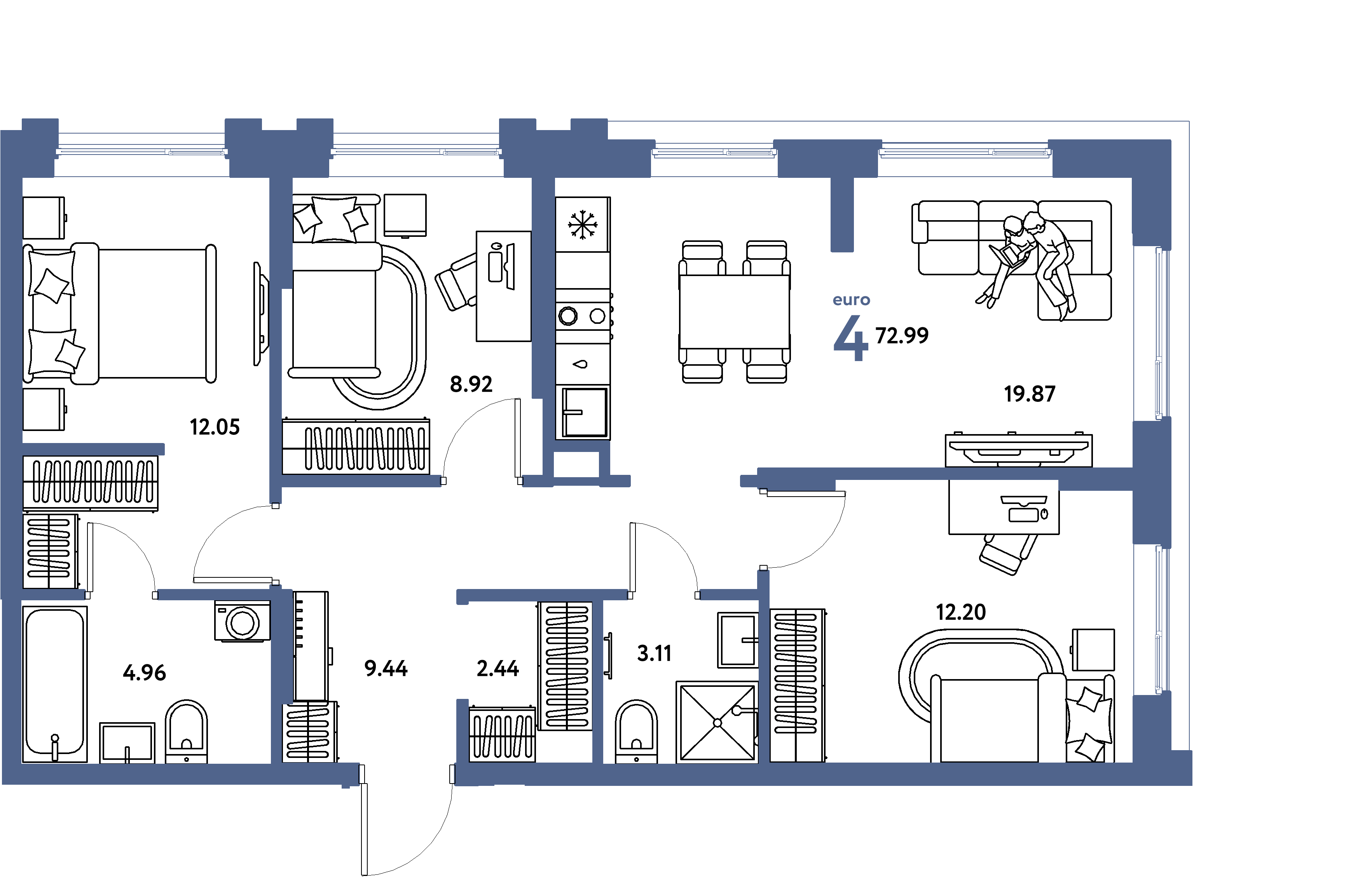 Планировка: Евро-4 72,99 м² в ЖК «Европейский берег 2.0»