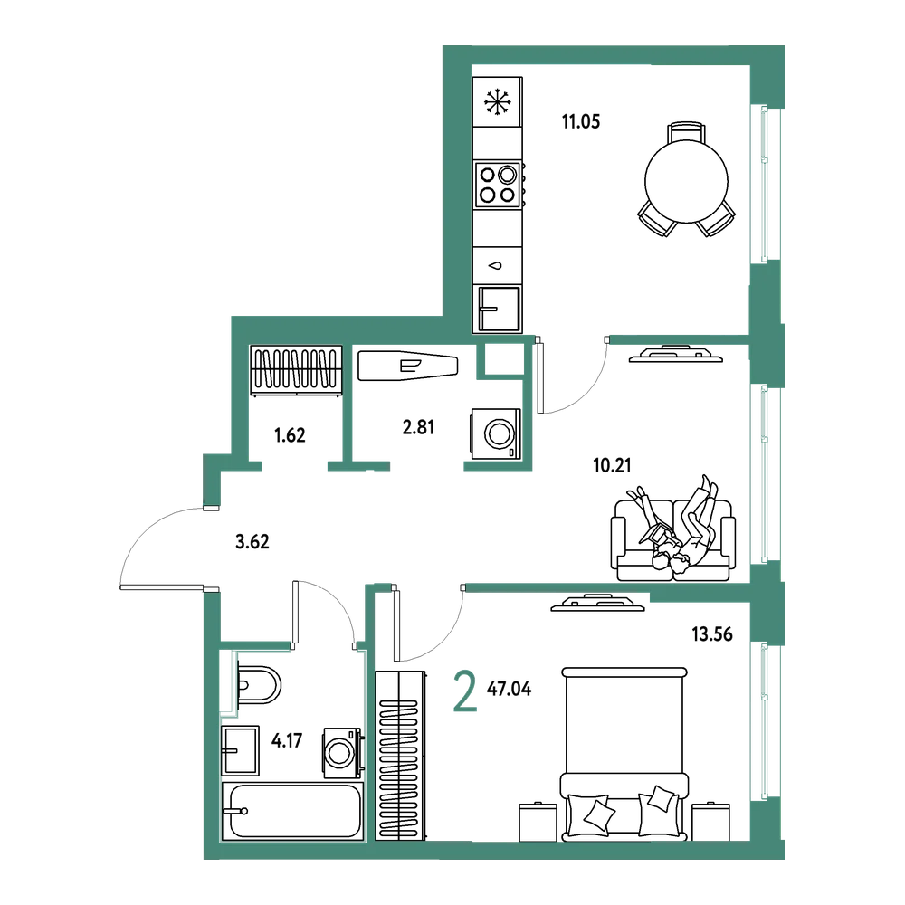 Планировка: 2-комнатная 47,04 м²