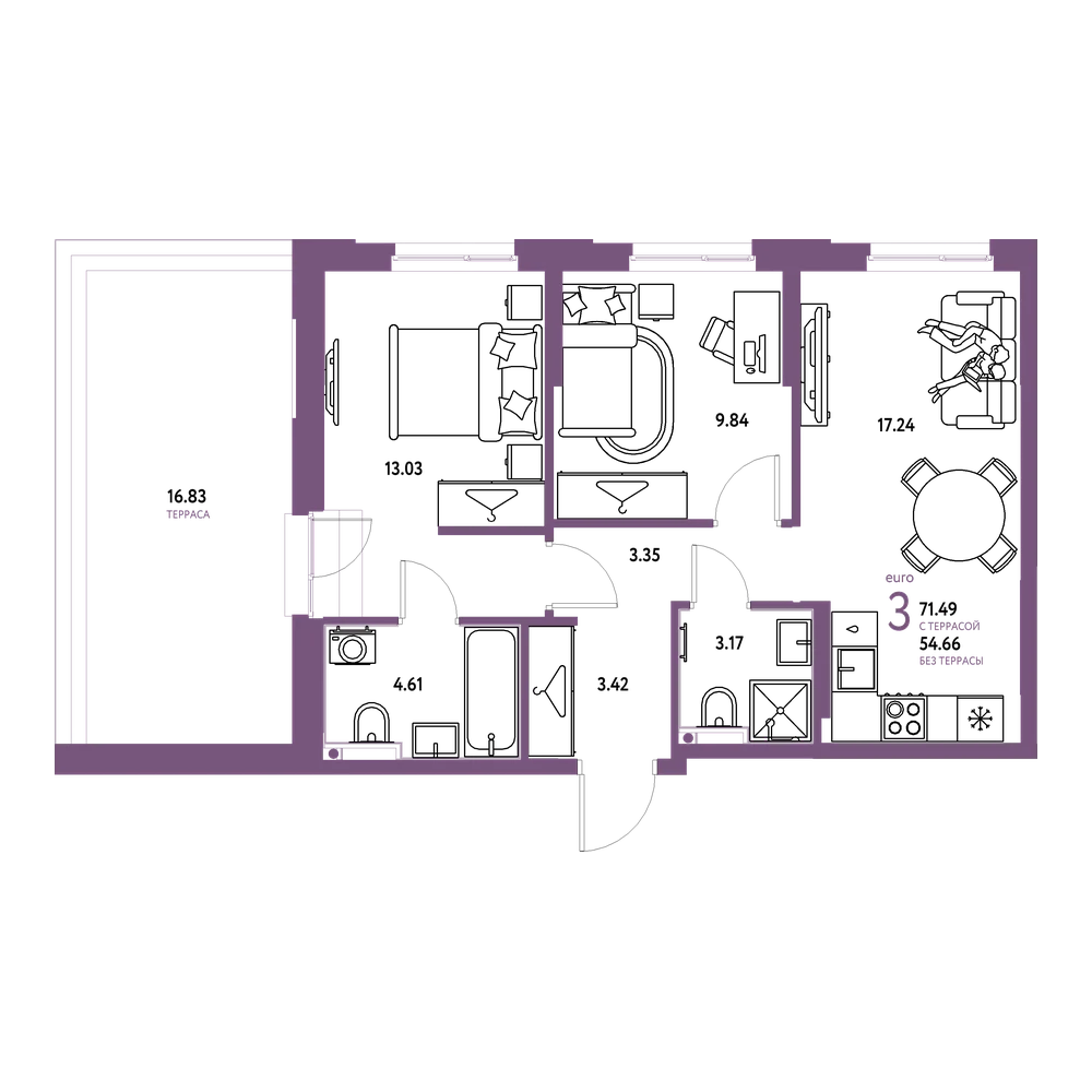 Планировка: Евротрёшка 71,49 м²