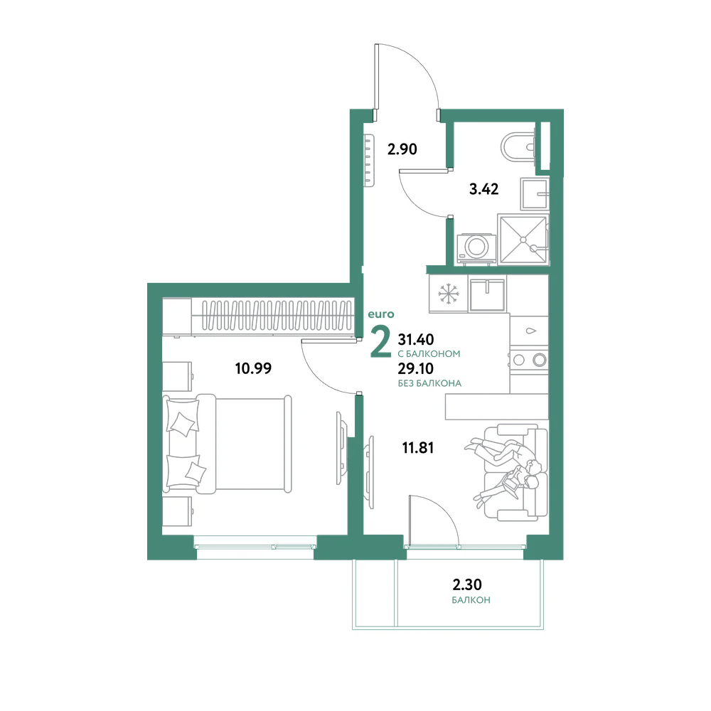 Планировка: Евродвушка 31,4 м²