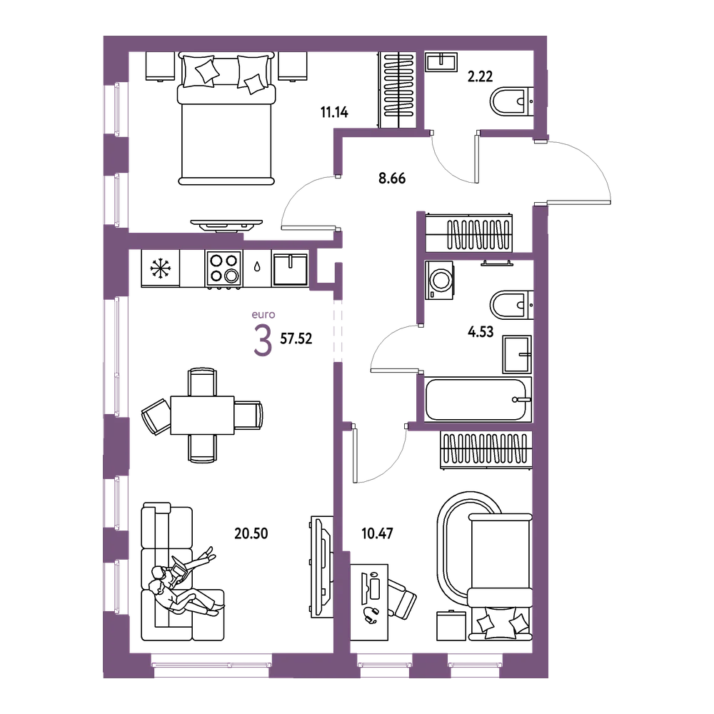 Планировка: Евротрёшка 57,52 м²