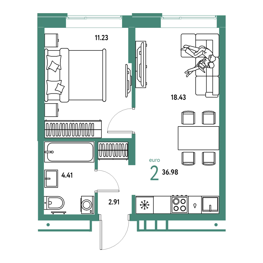 Планировка: Евродвушка 36,98 м²