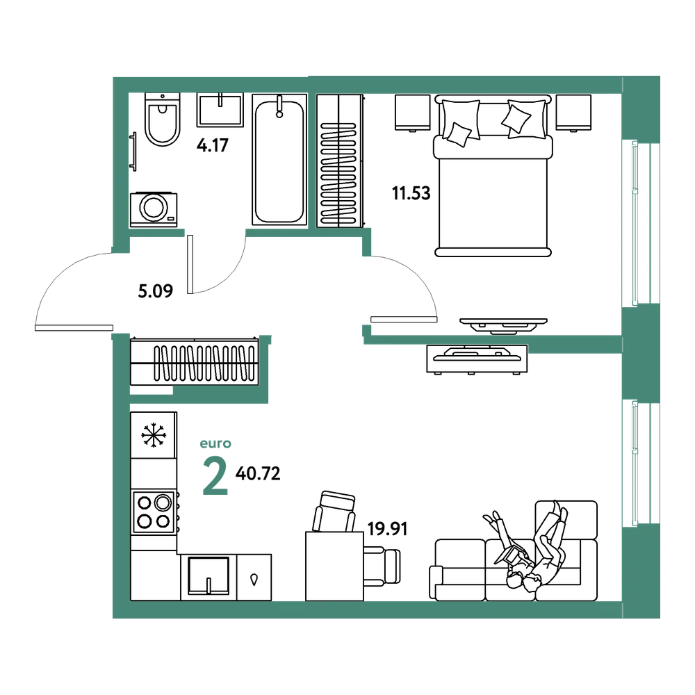 Планировка: Евродвушка 40,72 м²