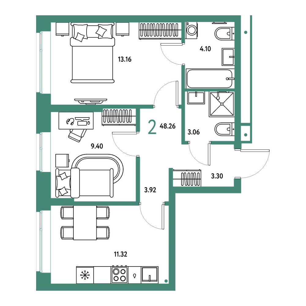 Планировка: 2-комнатная 48,26 м²