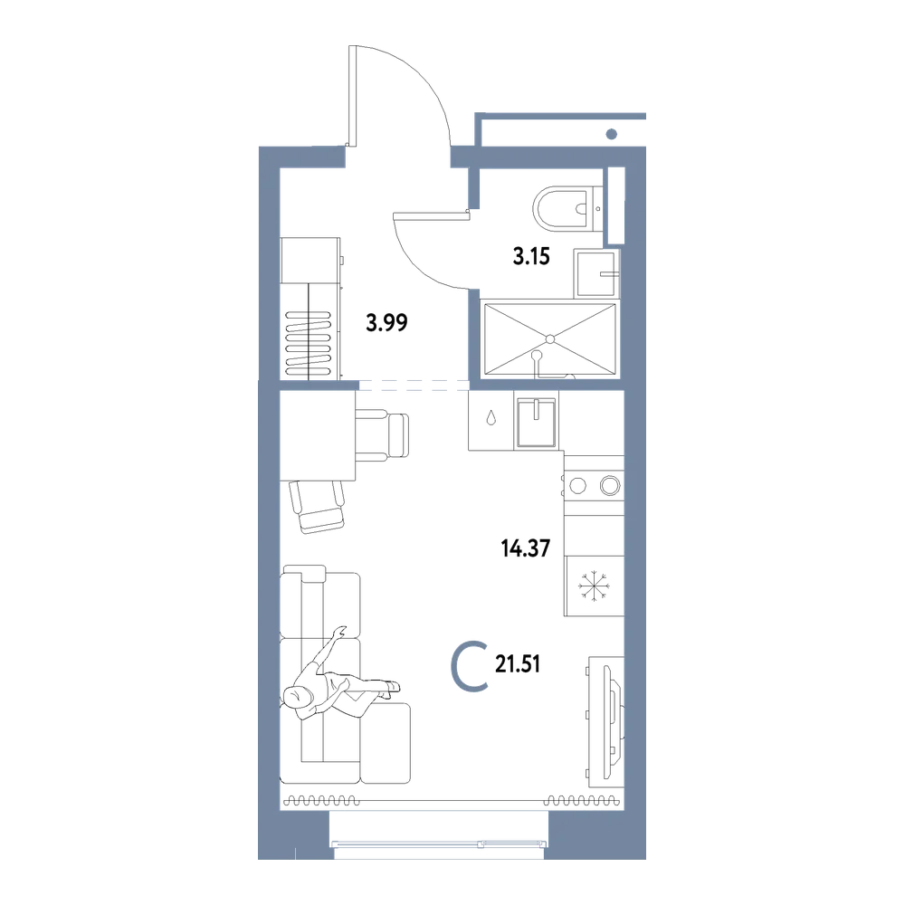 Планировка: Студия 21,51 м²