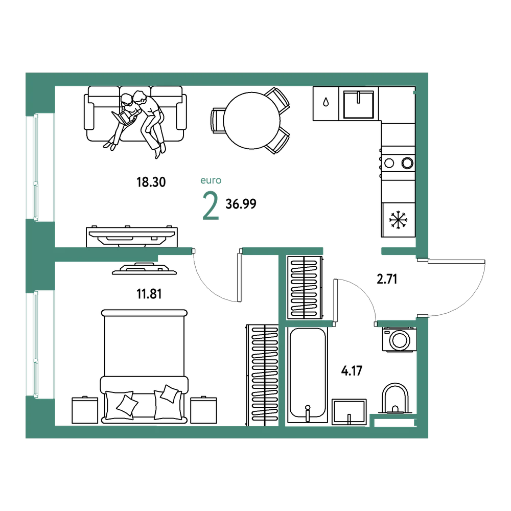 Планировка: Евродвушка 36,99 м²