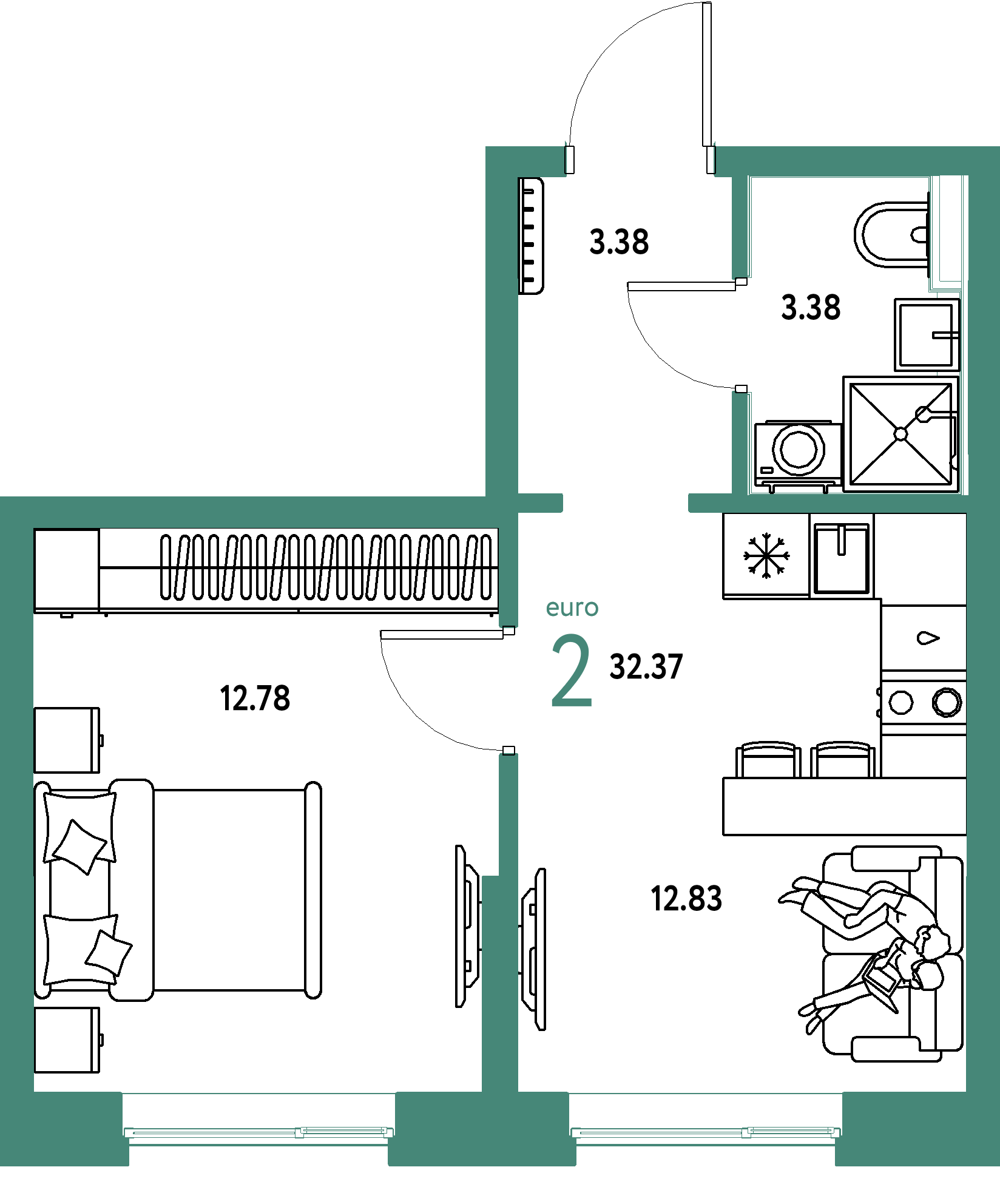 Планировка: Евродвушка 32,37 м² в ЖК «Остров-сад»
