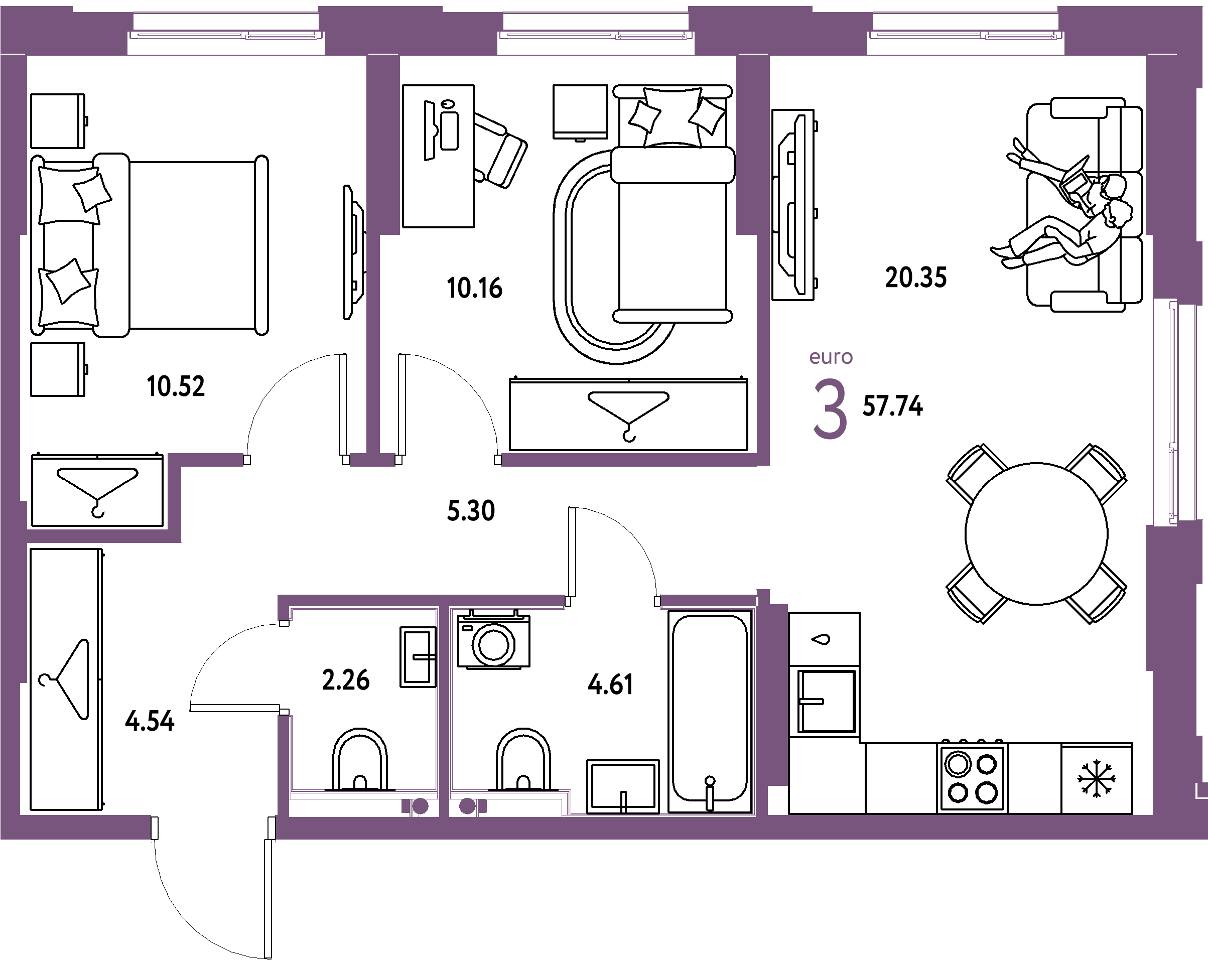 Планировка: Евротрёшка 57,74 м² в ЖК «Европейский берег 2.0»