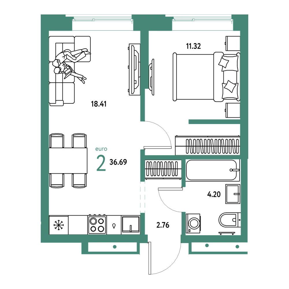 Планировка: Евродвушка 36,69 м²
