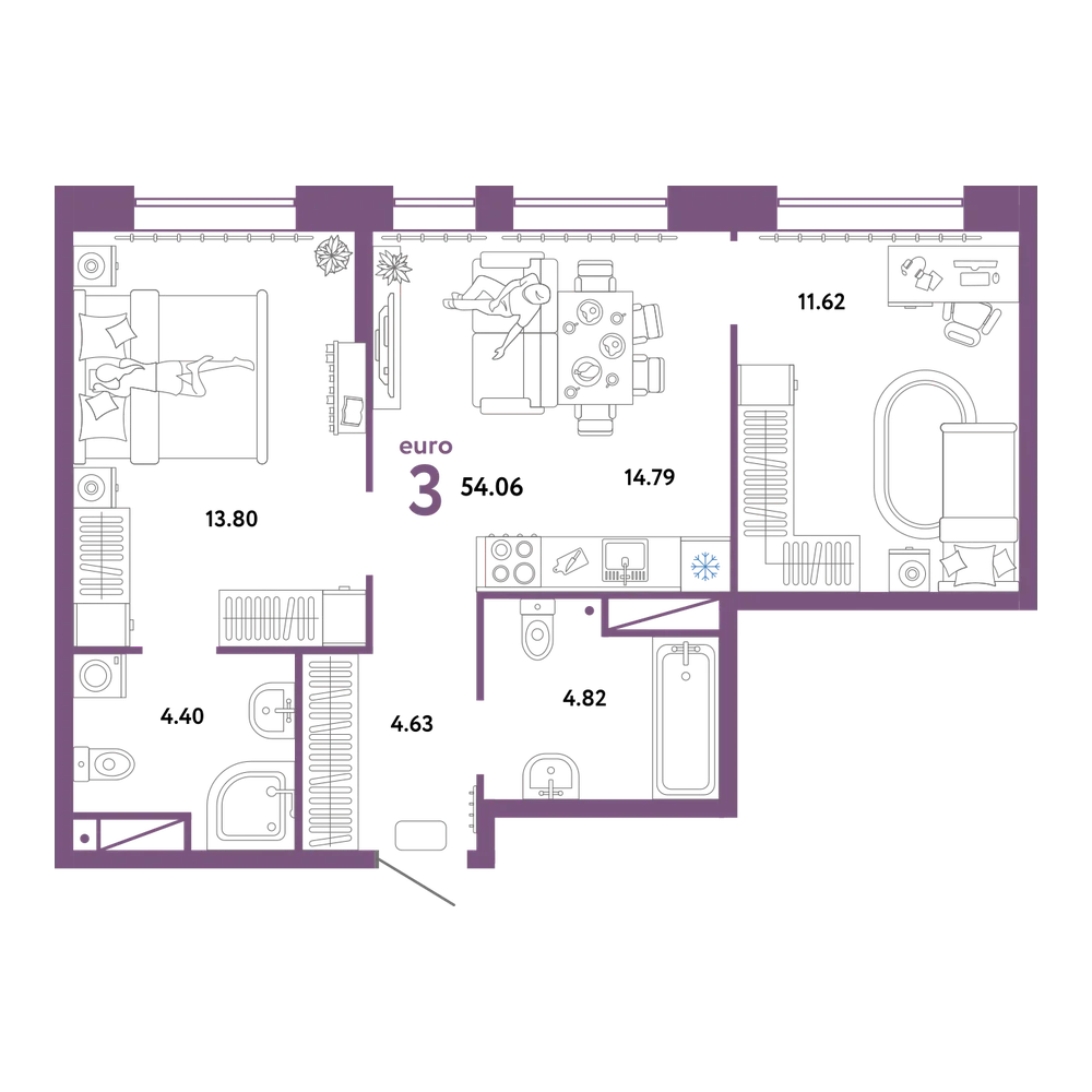 Планировка: Евротрёшка 54,06 м²