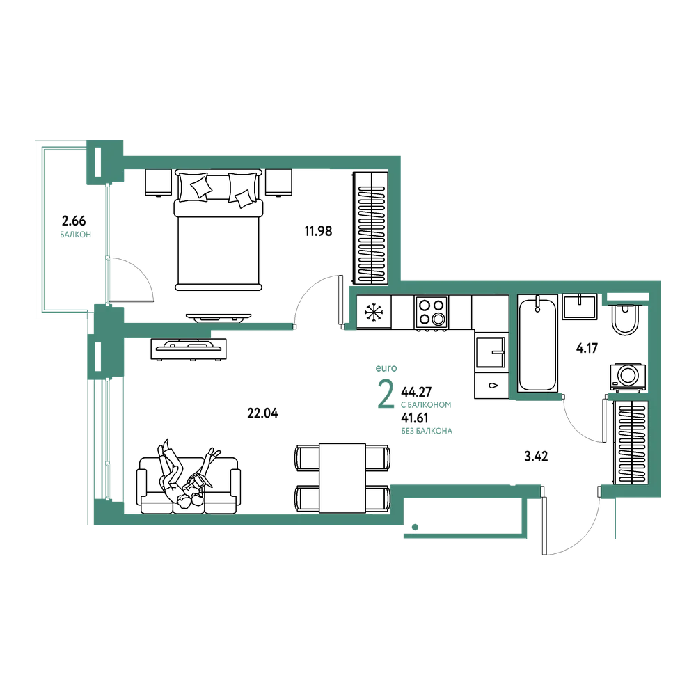 Планировка: Евродвушка 44,27 м²