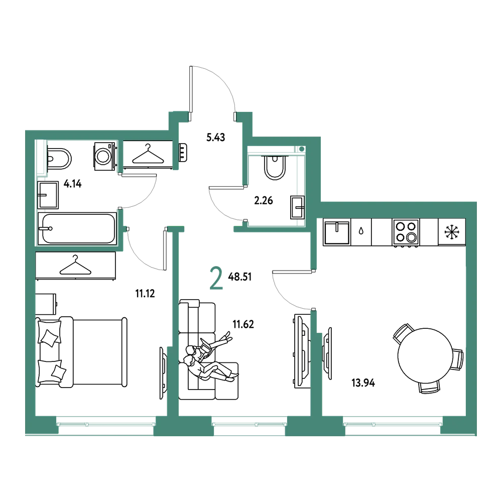 Планировка: 2-комнатная 48,51 м²