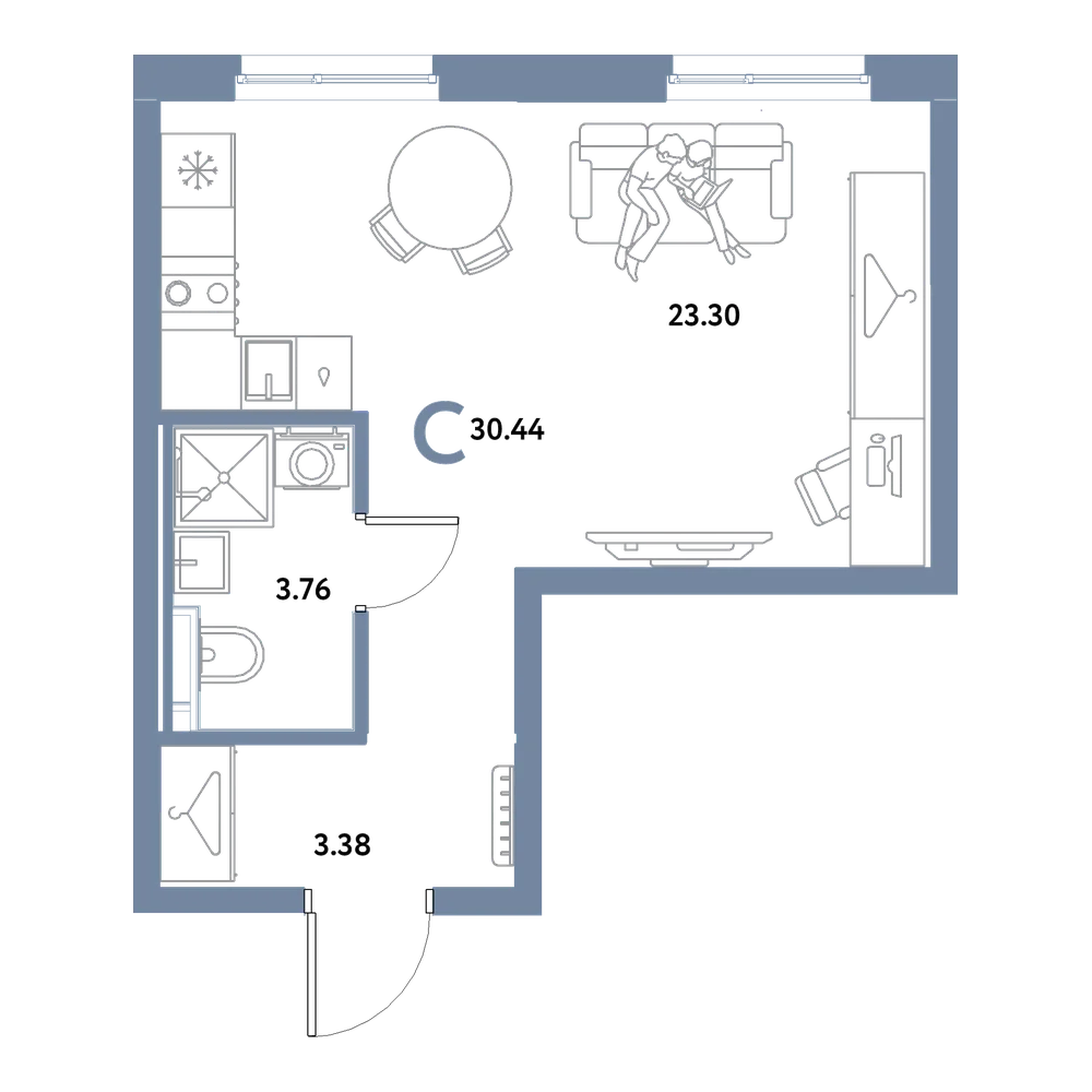 Планировка: Студия 30,44 м²