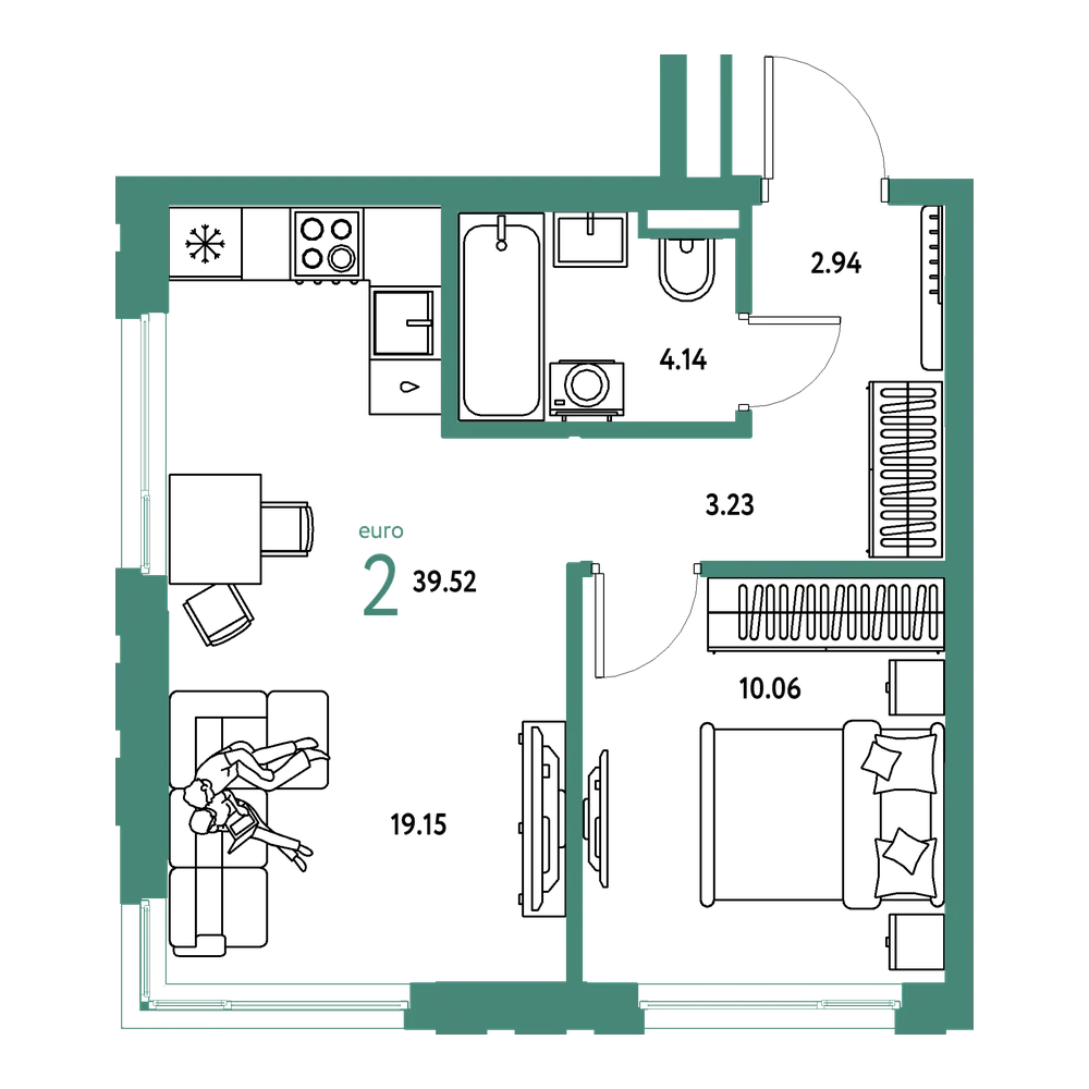Планировка: Евродвушка 39,52 м²