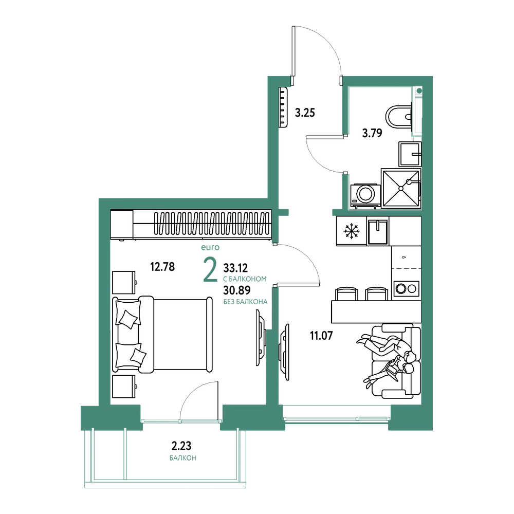 Планировка: Евродвушка 33,12 м²