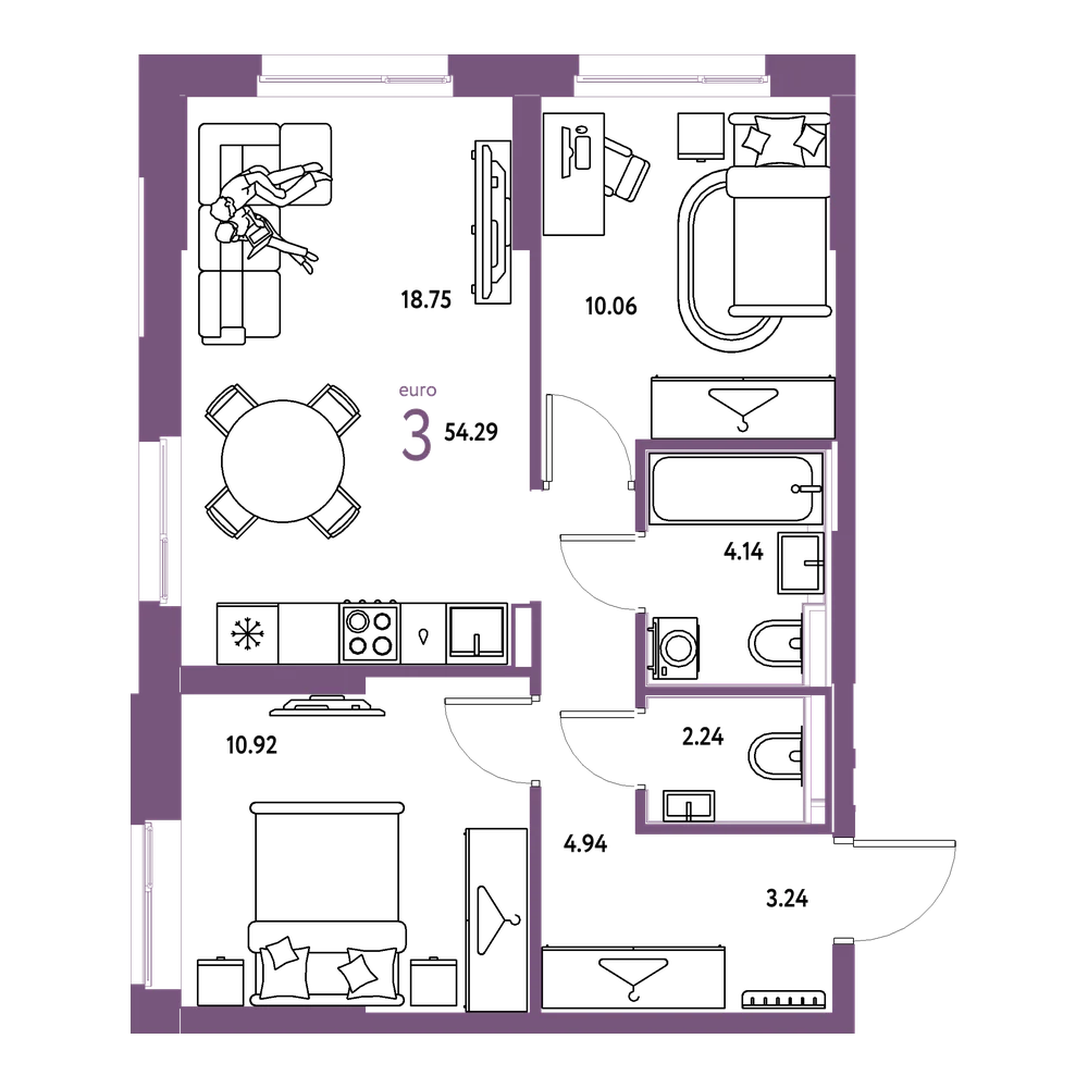 Планировка: Евротрёшка 54,31 м²