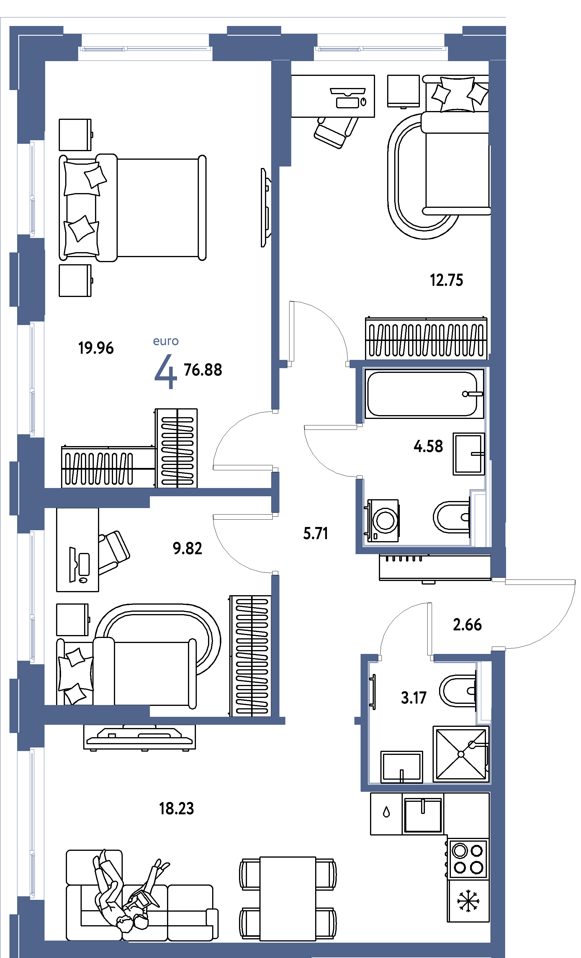 Планировка: Евро-4 76,88 м² в ЖК «Сердце Сибири»