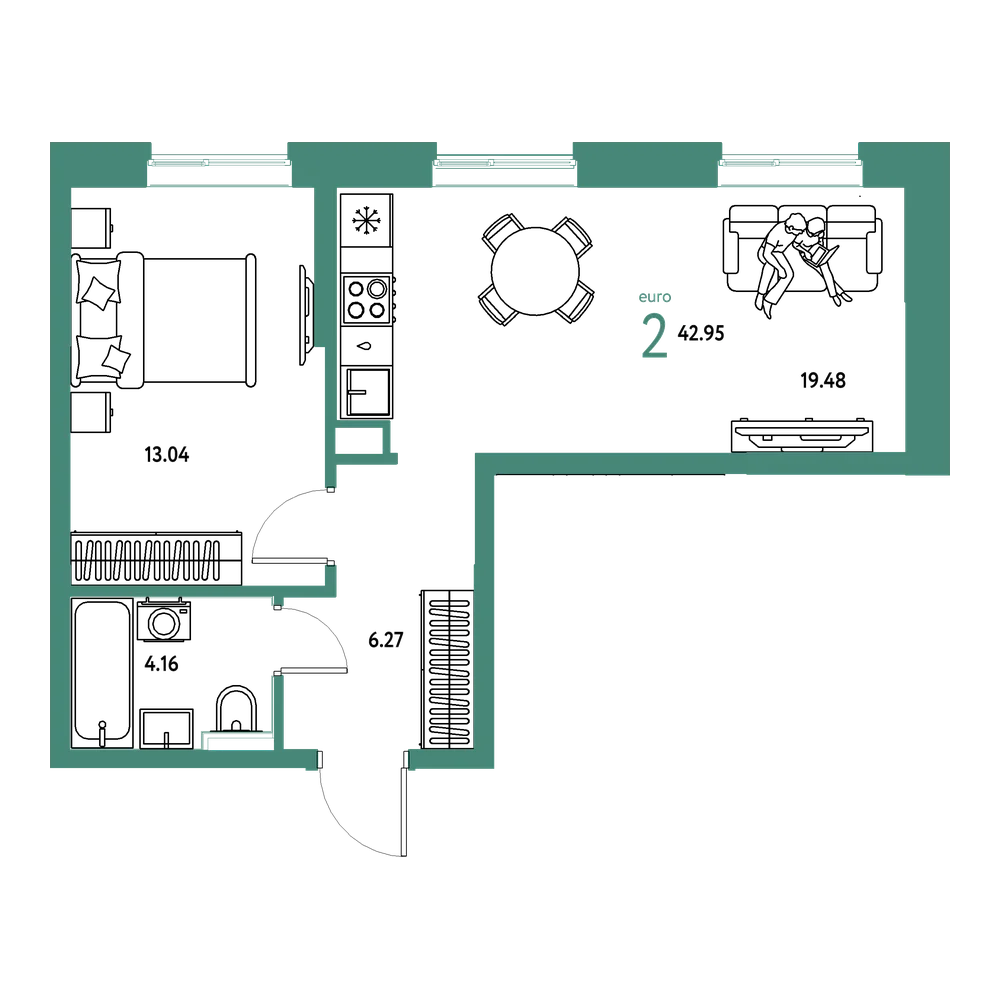 Планировка: Евродвушка 42,97 м²