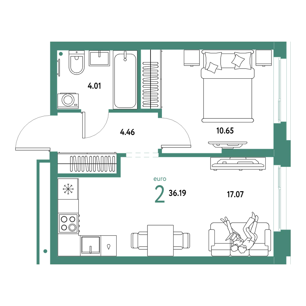 Планировка: Евродвушка 36,19 м²