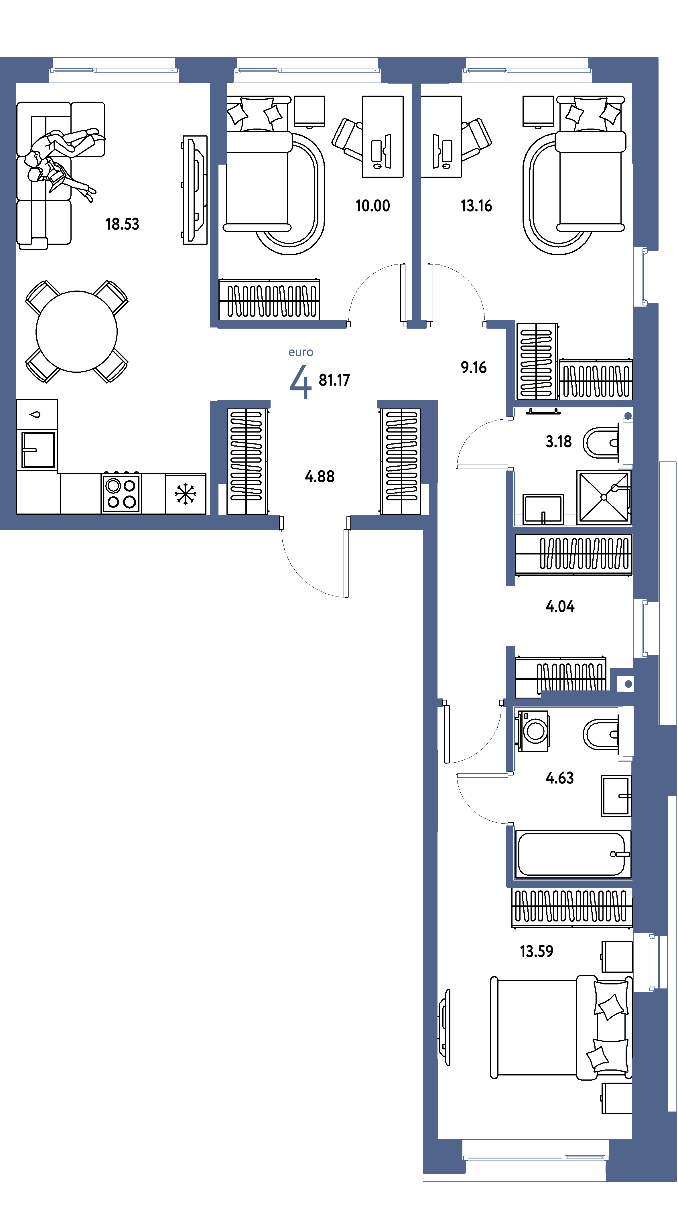 Планировка: Евро-4 81,17 м² в ЖК «Сердце Сибири»