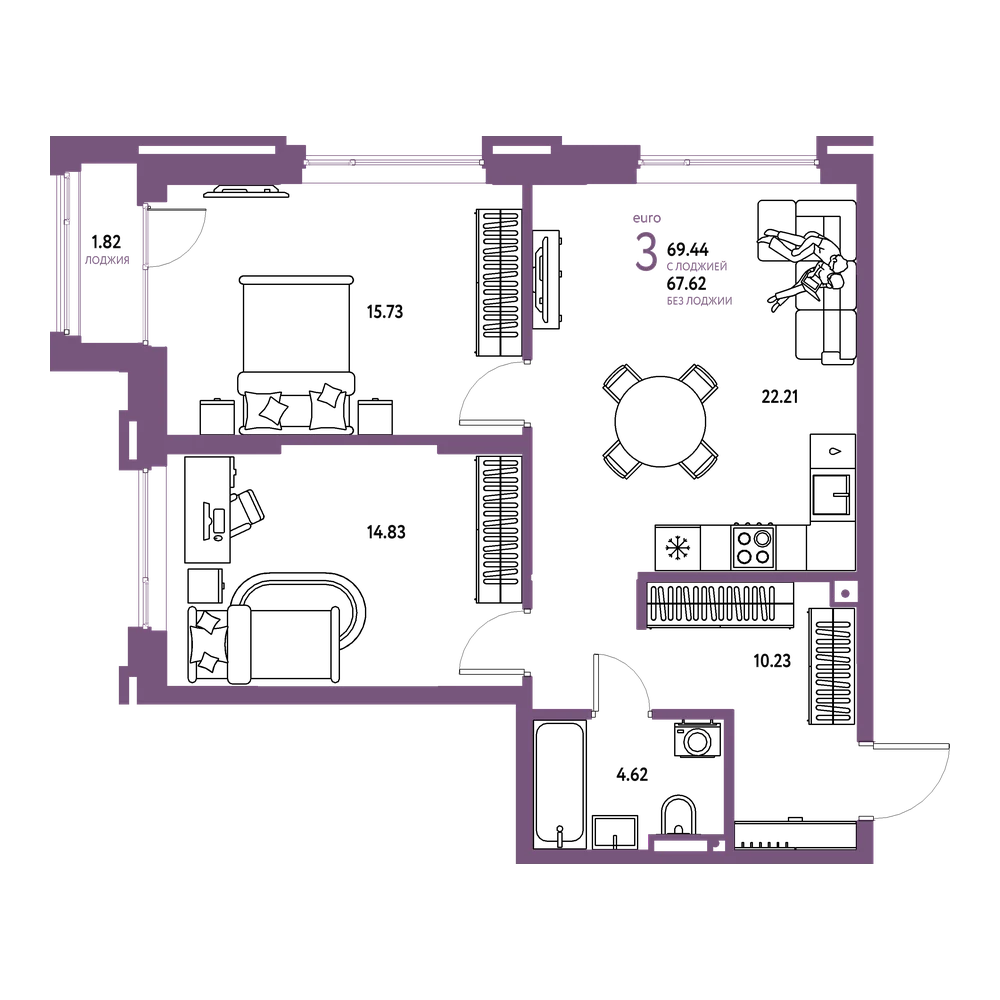 Планировка: Евротрёшка 69,44 м²
