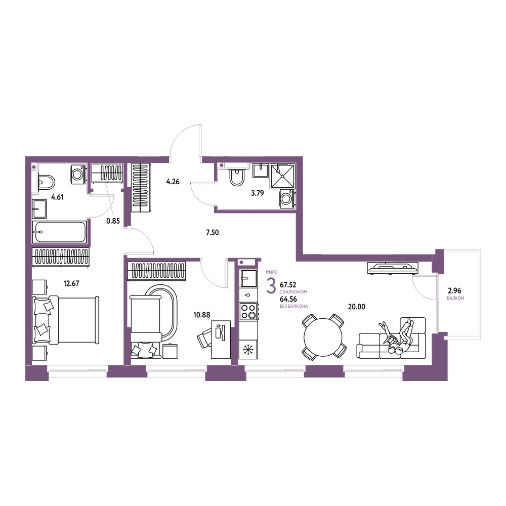 Планировка: Евротрёшка 67,24 м²