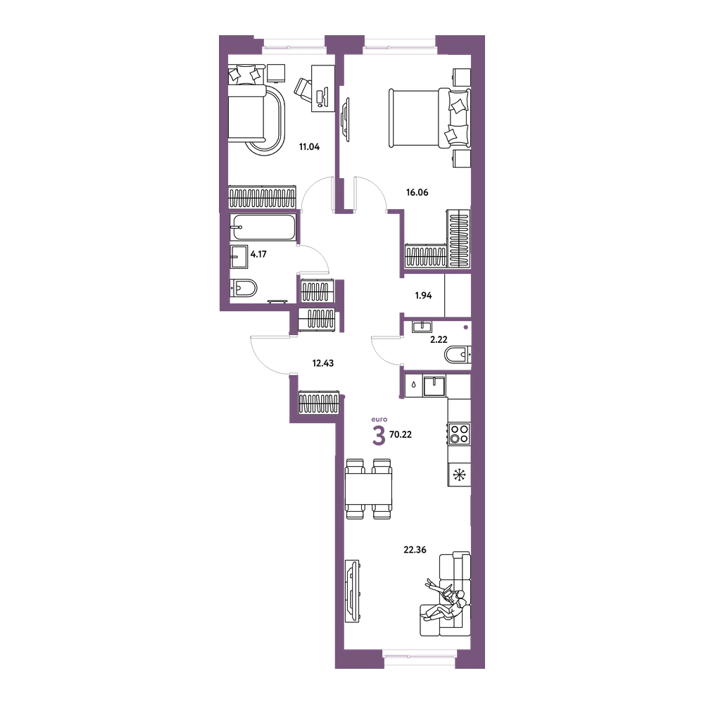 Планировка: Евротрёшка 70,22 м²