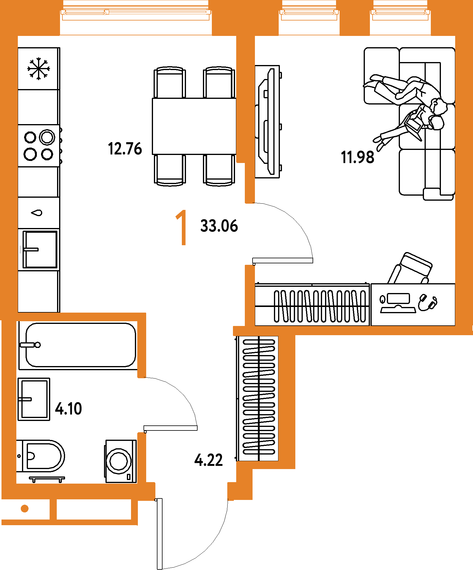 Планировка: 1-комнатная 33,06 м² в ЖК «Домашний»