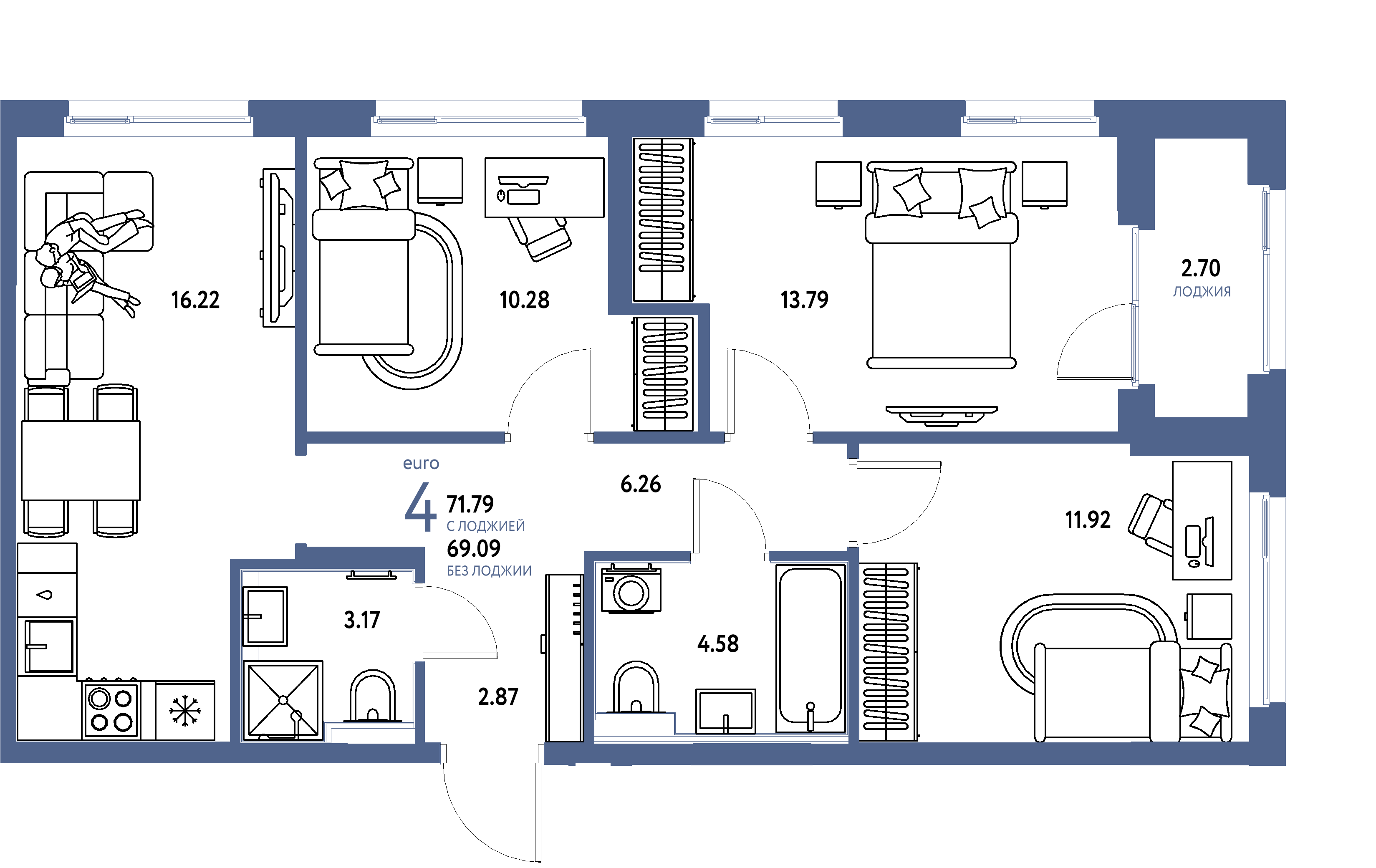 Планировка: Евро-4 71,79 м² в ЖК «Сердце Сибири»