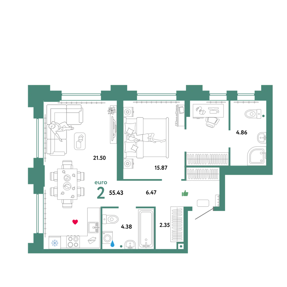 Планировка: Евродвушка 55,39 м²