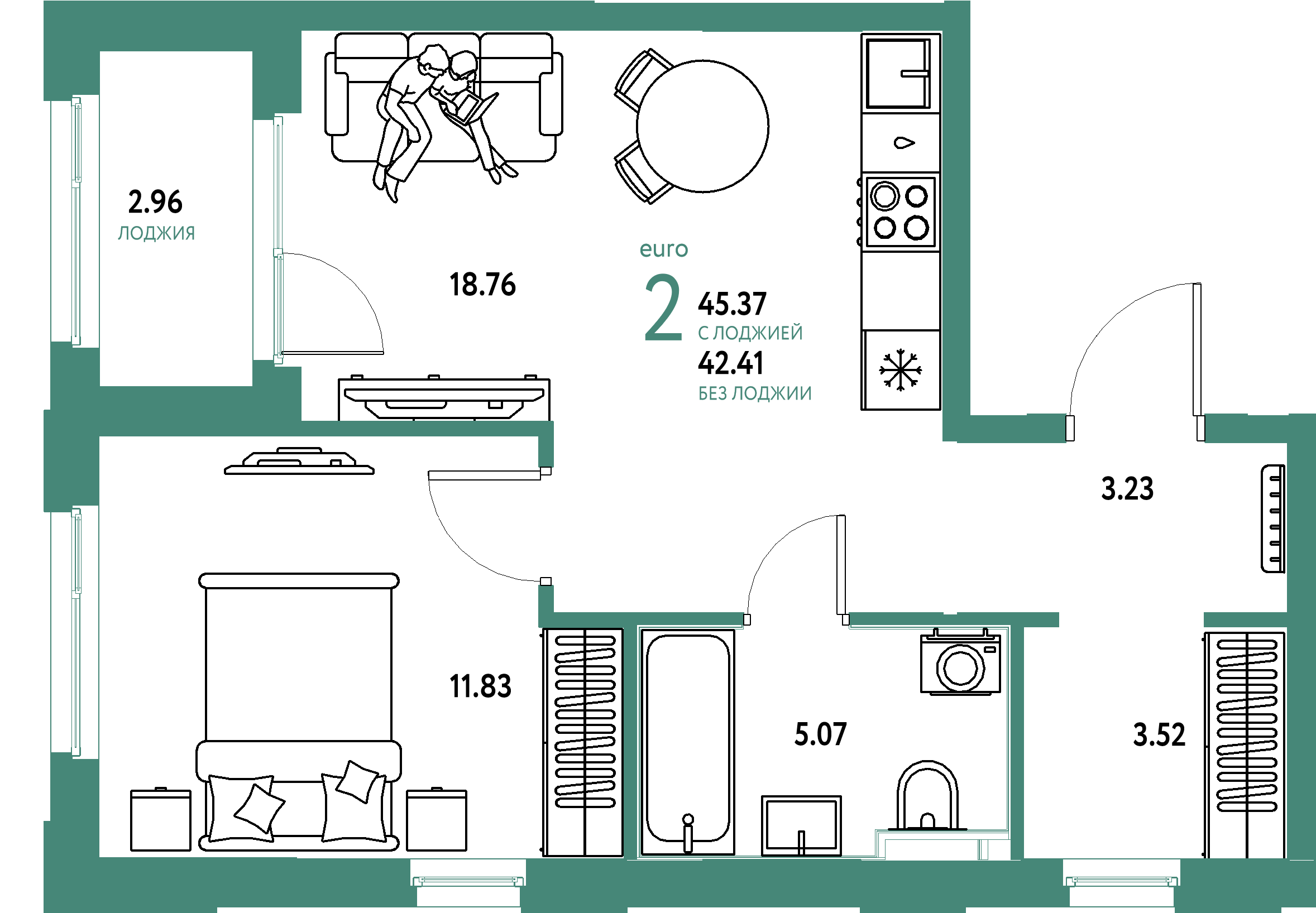 Планировка: Евродвушка 45,37 м² в ЖК «Сердце Сибири»