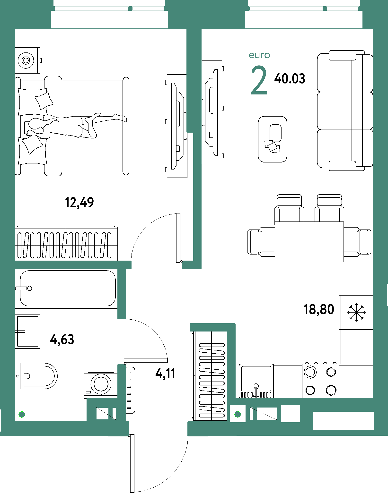 Планировка: Евродвушка 40,03 м² в ЖК «Авторский»