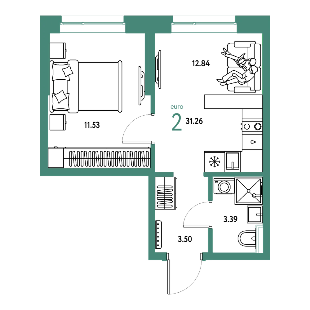 Планировка: Евродвушка 31,26 м²